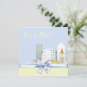 Blauwe en gele babyjongensdouche kaart (Staand voorkant)