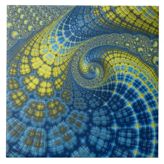 Blauwe en gele batik Kijk fractal Abstract Tegeltje (Voorkant)