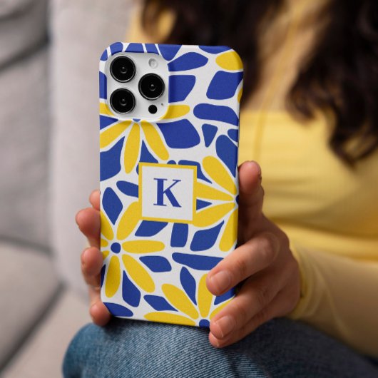 Blauwe en gele bloem monogram Case-Mate iPhone case