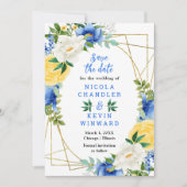 Blauwe en Gele Bloemen Bruiloft Save The Date (Voorkant)