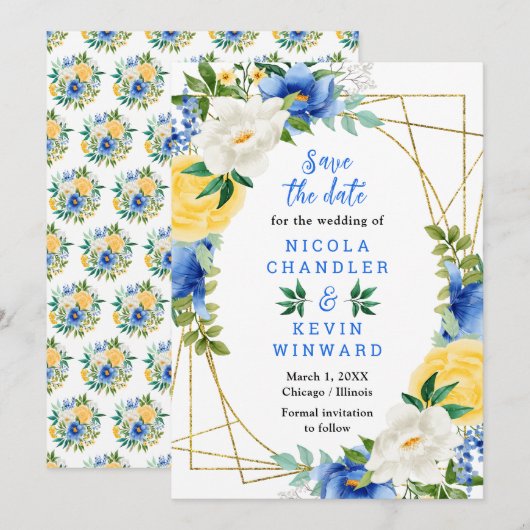 Blauwe en Gele Bloemen Bruiloft Save The Date (Voorkant / Achterkant)