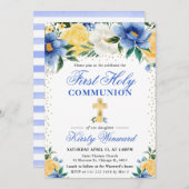 Blauwe en gele bloemen Eerste Heilige Communie Kaart (Voorkant / Achterkant)