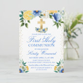 Blauwe en gele bloemen Eerste Heilige Communie Kaart (Staand voorkant)