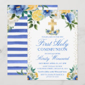 Blauwe en gele bloemen Eerste Heilige Communie Kaart (Voorkant / Achterkant)