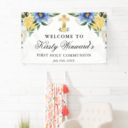 Blauwe en gele bloemen Eerste Heilige Communie Spandoek (Insitu)