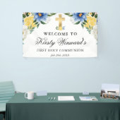 Blauwe en gele bloemen Eerste Heilige Communie Spandoek (Beurs)