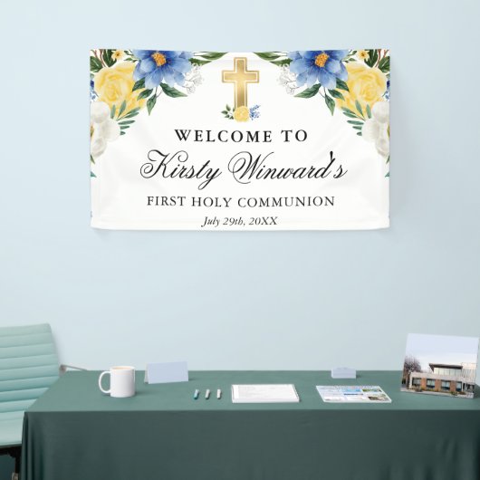 Blauwe en gele bloemen Eerste Heilige Communie Spandoek (Beurs)