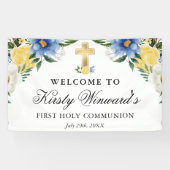 Blauwe en gele bloemen Eerste Heilige Communie Spandoek (Horizontaal)