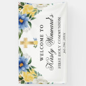 Blauwe en gele bloemen Eerste Heilige Communie Spandoek (Verticaal)