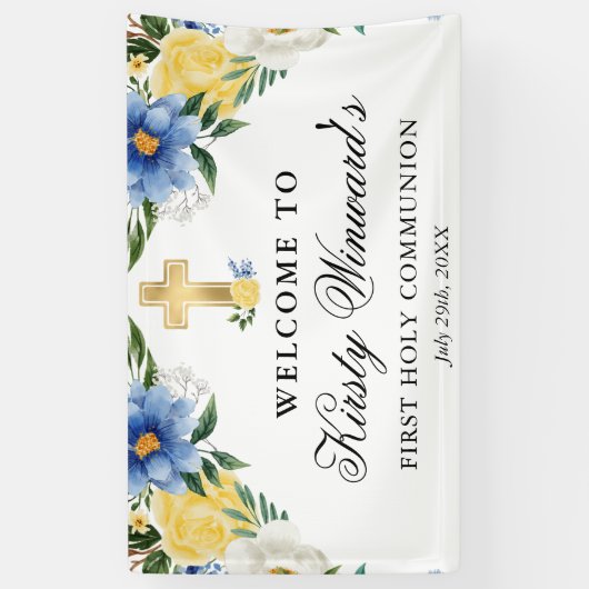 Blauwe en gele bloemen Eerste Heilige Communie Spandoek (Verticaal)