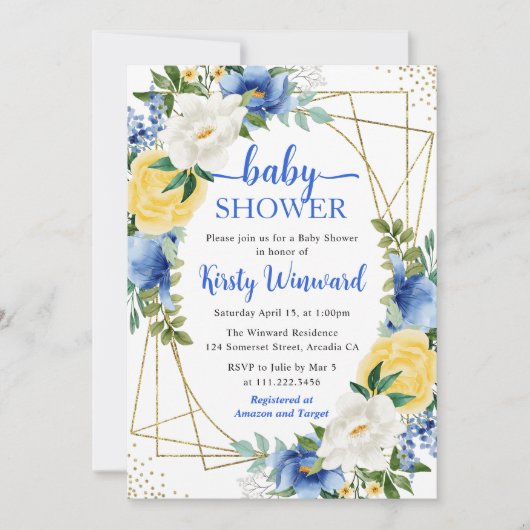 Blauwe en gele bloemen en goudLijst Baby shower Kaart (Voorkant)