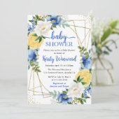 Blauwe en gele bloemen en goudLijst Baby shower Kaart (Staand voorkant)