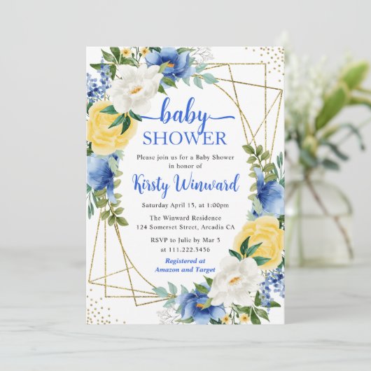 Blauwe en gele bloemen en goudLijst Baby shower Kaart (Staand voorkant)