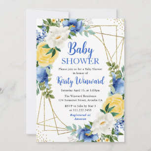 Blauwe en Gele Bloemen Gouden Frame Baby Shower Kaart