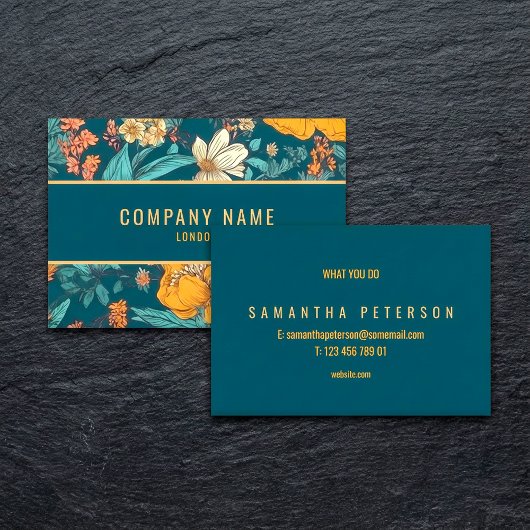 Blauwe en gele bloemen, gouden rand visitekaartje