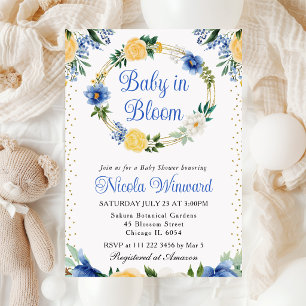 Blauwe en Gele Bloemen Hart Krans Baby Borrel Kaart