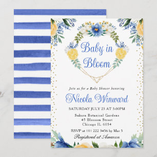 Blauwe en Gele Bloemen Hart Krans Baby Shower Kaart