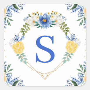 Blauwe en Gele Bloemen Hart Krans Monogram Vierkante Sticker
