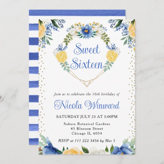 Blauwe en Gele Bloemen Hartkrans Zoet 16 Kaart (Voorkant / Achterkant)