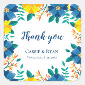  Blauwe en Gele Bloemen Huwelijk Dank u Vierkante Sticker (Voorkant)
