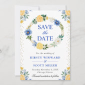 Blauwe en gele bloemen krans bruiloft save the date (Voorkant)