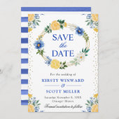 Blauwe en gele bloemen krans bruiloft save the date (Voorkant / Achterkant)