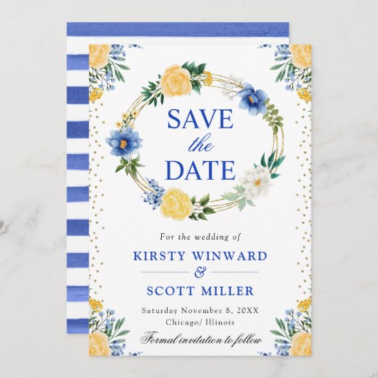 Blauwe en gele bloemen krans bruiloft save the date (Voorkant / Achterkant)