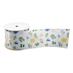 Blauwe en Gele Bloemen met Bladpatroon Satijnen Lint