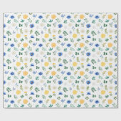 Blauwe en gele bloemen met gebladerte patroon cadeaupapier (Vlak)