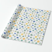 Blauwe en gele bloemen met gebladerte patroon cadeaupapier (Uitgerold)