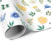 Blauwe en gele bloemen met gebladerte patroon cadeaupapier (Rol Hoek)