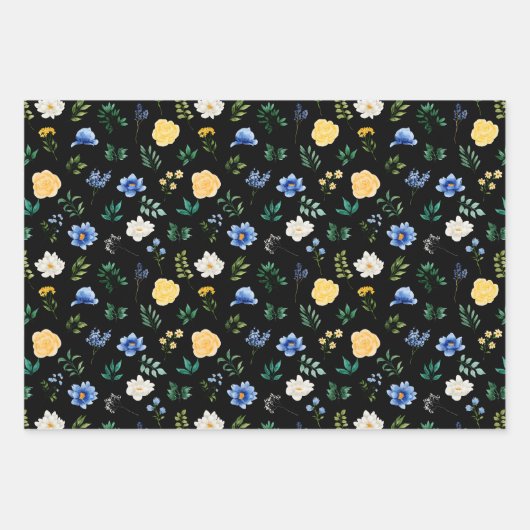 Blauwe en gele bloemen met gebladerte patroon inpakpapier vel (Voorkant 3)