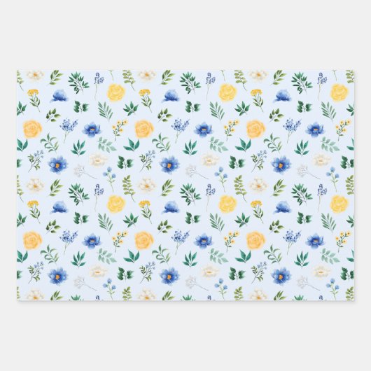 Blauwe en gele bloemen met gebladerte patroon inpakpapier vel (Voorkant 2)