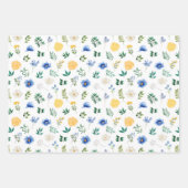Blauwe en gele bloemen met gebladerte patroon inpakpapier vel (Voorkant)