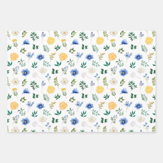Blauwe en gele bloemen met gebladerte patroon inpakpapier vel (Voorkant)