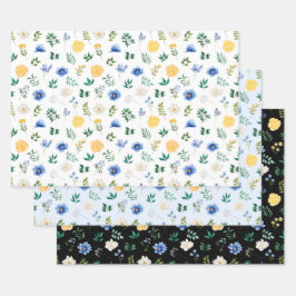Blauwe en gele bloemen met gebladerte patroon inpakpapier vel