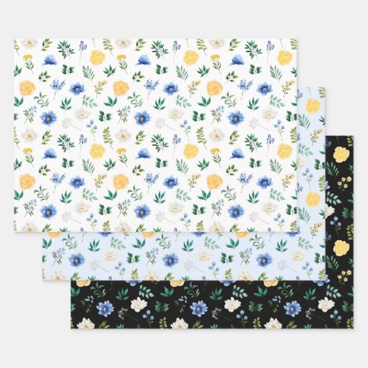 Blauwe en gele bloemen met gebladerte patroon inpakpapier vel (Set)