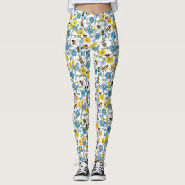 Blauwe en gele bloemen met witte bijen leggings
