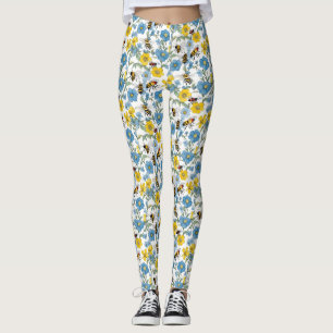 Blauwe en gele bloemen met witte bijen leggings