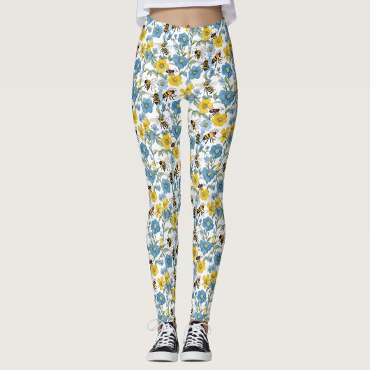 Blauwe en gele bloemen met witte bijen leggings (Voorkant)