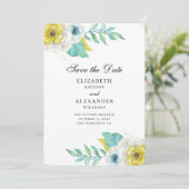 Blauwe en gele bloemen. Mint bloemen save the date Kaart (Staand voorkant)