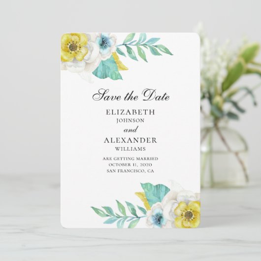 Blauwe en gele bloemen. Mint bloemen save the date Kaart (Staand voorkant)