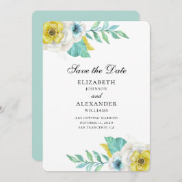 Blauwe en gele bloemen. Mint bloemen save the date Kaart