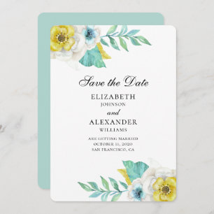 Blauwe en gele bloemen. Mint bloemen save the date Kaart