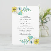 Blauwe en gele bloemen. Mint botanische bruiloft Kaart (Staand voorkant)