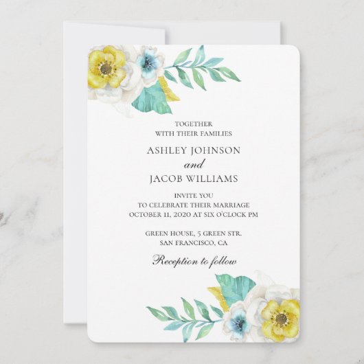 Blauwe en gele bloemen. Mint botanische bruiloft Kaart (Voorkant)