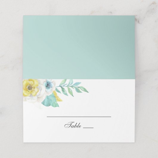 Blauwe en gele bloemen. Mint botanische bruiloft Plaatskaartje (Buitenkant ongevouwen)