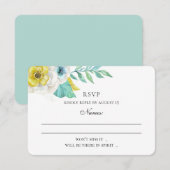 Blauwe en gele bloemen. Mint floral bruiloft RSVP Kaartje (Voorkant / Achterkant)