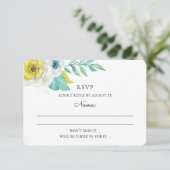 Blauwe en gele bloemen. Mint floral bruiloft RSVP Kaartje (Staand voorkant)