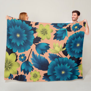 Blauwe en gele bloemen op perzik achtergrond fleece deken
